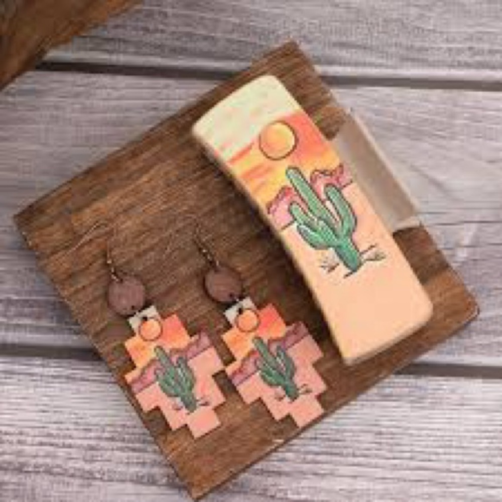 Desert Cactus Hair Claw & Earrings Set – Southwestern
